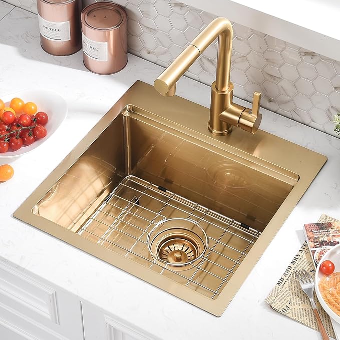 18x18 Gold Drop In Kitchen Sink and Faucet Combo Set - 18 Inch Gold Small Bar Sink with Faucet, 9 Inch Deep Stainless Steel Drop In Sinks Workstation with Accessories