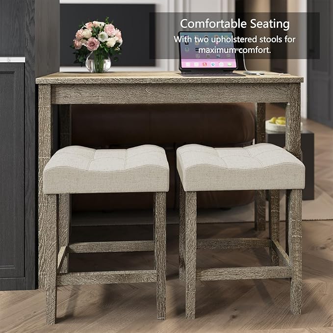 allamazing 3-Piece Counter Height Bar Table Set with Socket and 2 Fabric Padded Bar Stools, Tall Kitchen Breakfast Dining Table Set with Stools (1+2 Natural)