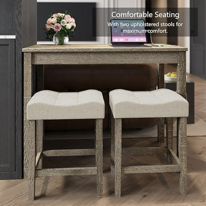 allamazing 3-Piece Counter Height Bar Table Set with Socket and 2 Fabric Padded Bar Stools, Tall Kitchen Breakfast Dining Table Set with Stools (1+2 Natural)