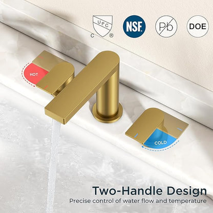 FORIOUS Brushed Gold Bathroom Faucets 3 Hole, 8 Inch Widespread Bathroom Sink Faucet with Pop-up Drain and Cupc Supply Lines, 2-Handle for Vanity, Hotel Restroom