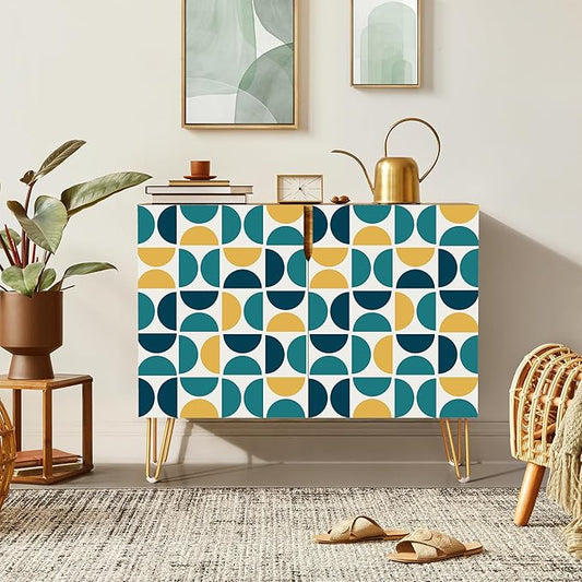 SIGNWIN Sideboard Buffet Cabinet, Kitchen Storage Cabinet with 2 Doors, Yellow & Blue Retro Polygon Pattern, Cupboard Console Table for Dining Room - 35" L x 18" W x 29" H