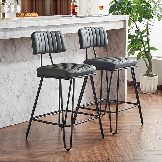 Industrial Bar Stools Set of 2, Counter Height Chairs - PU Leather & Metal Frame, Vintage Style for Kitchen Island, Dining Room, Grey