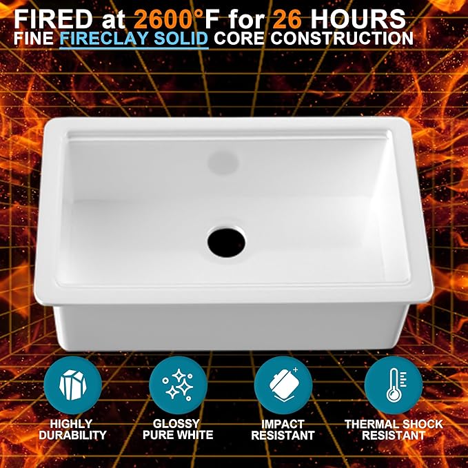 Undermount Workstation Kitchen Sink White 30 x 19 Inch, Fireclay Sink Drop In Single Bowl, Dual Mount Heavy Duty Deep Basin, Included Cutting Board, White, for Kitchen