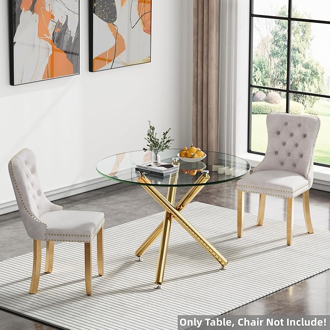SSLine 35.4" Round Glass Dining Table for 2-4 Modern Circle Glass Tabletop Kitchen Table for 4 Luxury Dinner Tables with Gold Metal Legs for Home Kitchen Dining Room(Table Only)