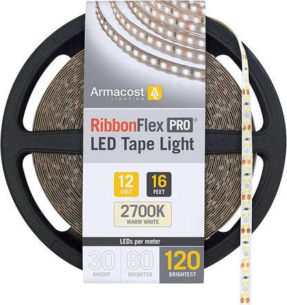 Armacost Lighting RibbonFlex Pro 12V White LED Strip Lights 120 LED/m, 2700K, 16.4 ft 133230