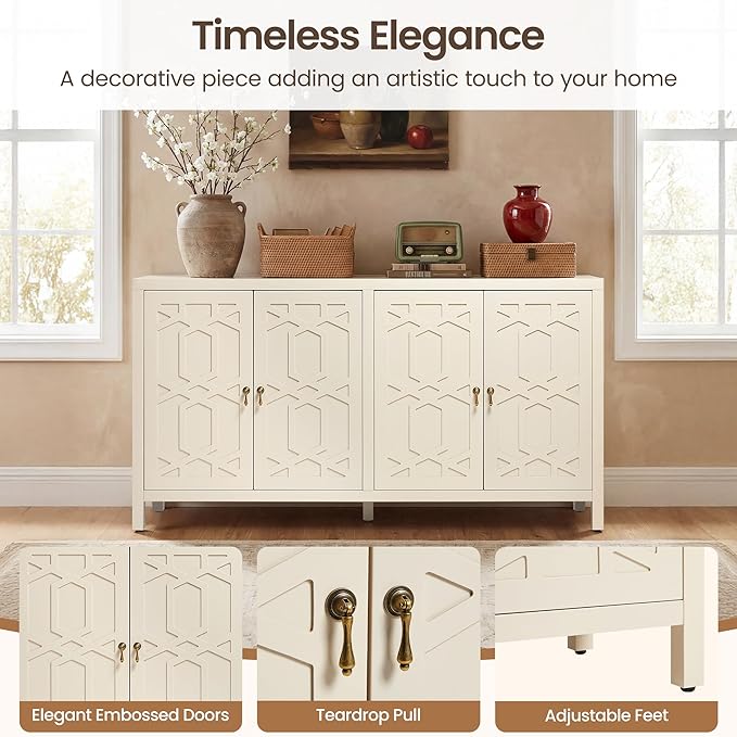 RoyalCraft Buffet Cabinet with Storage, 60" W Modern Coffee Bar Sideboard with 4 Doors & Adjustable Shelves, Painted Wooden Credenza for Dining Room, Kitchen, Living Room, Entryway, Beige