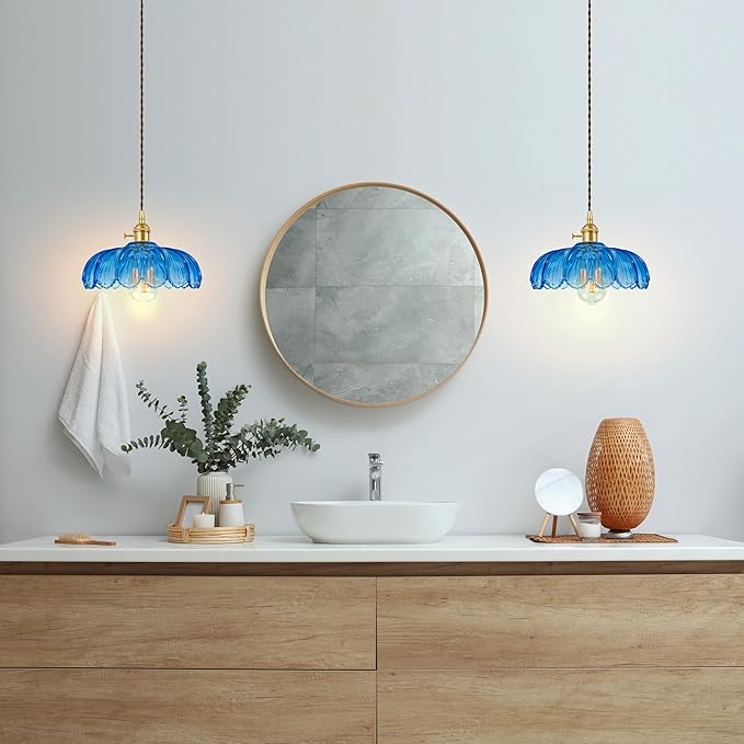 Pendant Light Fixture, Hanging Light Fixture, Glass Shade Pendant Light with Rotary Switch, Modern Lamp for Kitchen Island, Bedroom, Dining Room, Living Room (Blue Lotus, Hard-Wired)