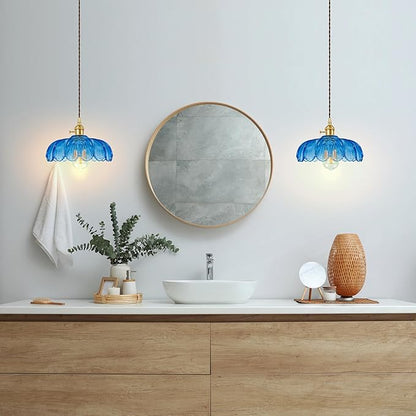 Pendant Light Fixture, Hanging Light Fixture, Glass Shade Pendant Light with Rotary Switch, Modern Lamp for Kitchen Island, Bedroom, Dining Room, Living Room (Blue Lotus, Hard-Wired)