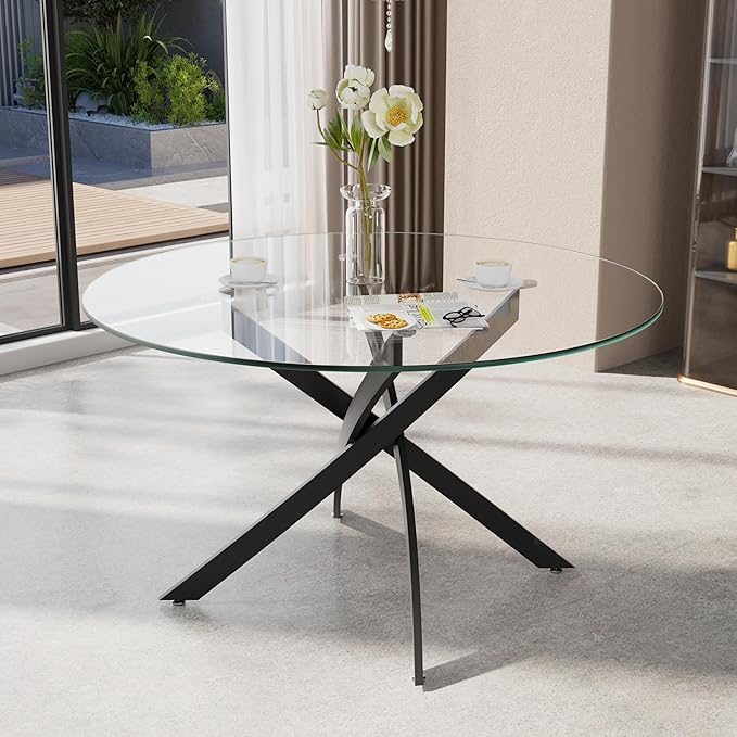 47-Inch Round Tempered Glass Dining Table for 2-4 Person - Heavy-Duty Black Metal Base with Adjustable Non-Slip Mats - Modern Small Kitchen Table for Dining Room, Apartment, Condo (Clear Top)