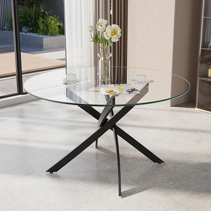 47-Inch Round Tempered Glass Dining Table for 2-4 Person - Heavy-Duty Black Metal Base with Adjustable Non-Slip Mats - Modern Small Kitchen Table for Dining Room, Apartment, Condo (Clear Top)