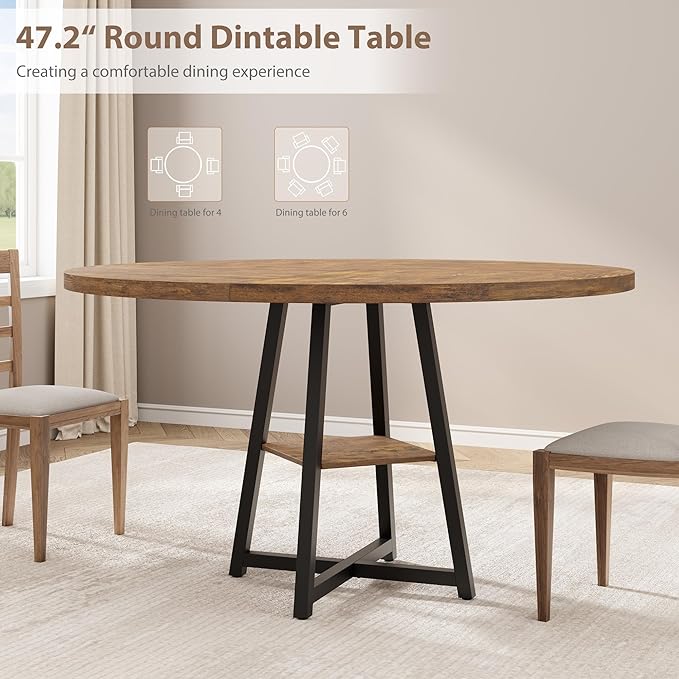 Garvee 47.2 in Round Dining Table for 4-6 People, Industrial Round Kitchen Table with Sturdy Metal Pedestal Base & Storage Shelf, Circle 4 Dinner Table for Dinner, Kitchen, Dining Room