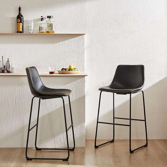 DUMOS 26 Inch Counter Height Bar Stools Set of 2, Modern Faux Leather High Barstools with Back and Metal Leg, Bar Chairs for Kitchen Island, Elegant Black