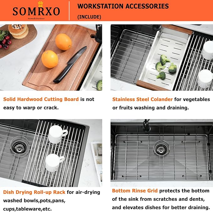 36x19 Black Undermount Kitchen Sink - 16 Gauge Stainless Steel Black Kitchen Sink Undermount 36 Inch,10 Inch Deep Single Bowl Workstation Sinks Includes Cutting Board & Colander
