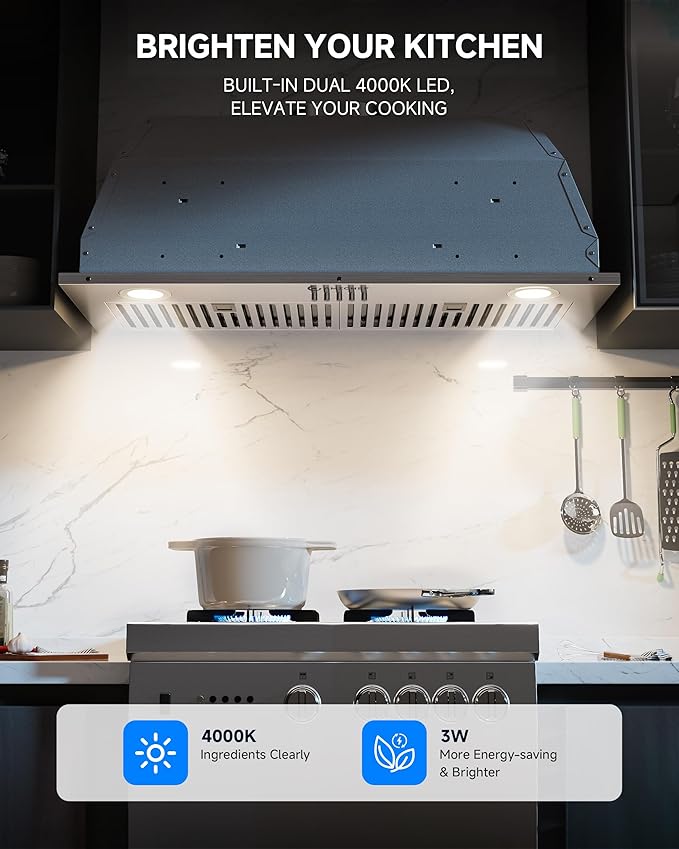 AMZCHEF Range Hood Insert 30 Inch, 1000 CFM Stainless Steel Built-in Kitchen Vent Hood,3-Speed Exhaust Fan with Button, LED Lights,Baffle Filters & Charcoal Filters,Sliver Button