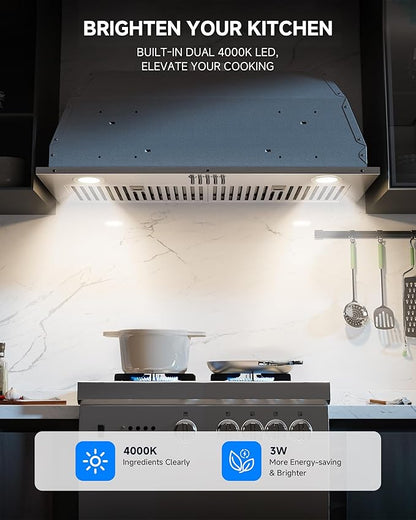 AMZCHEF Range Hood Insert 30 Inch, 1000 CFM Stainless Steel Built-in Kitchen Vent Hood,3-Speed Exhaust Fan with Button, LED Lights,Baffle Filters & Charcoal Filters,Sliver Button