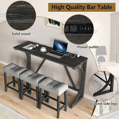 Betoko Counter Height Table and Chairs Set of 4, Breakfast Nook Bar Table with Outlet and Stools, Grey Black