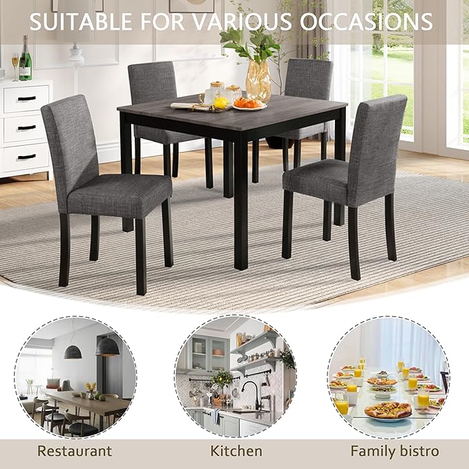 5-Piece Dining Table Set for 4, Wooden Kitchen Table and Chairs Set of 4, Square Dining Room Table with Upholstered Seats for Kitchen and Dining, Light Grey & Black Two Tone