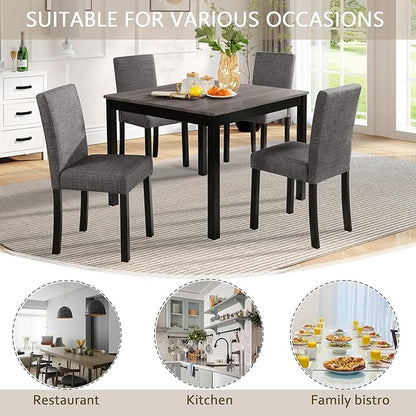 5-Piece Dining Table Set for 4, Wooden Kitchen Table and Chairs Set of 4, Square Dining Room Table with Upholstered Seats for Kitchen and Dining, Light Grey & Black Two Tone