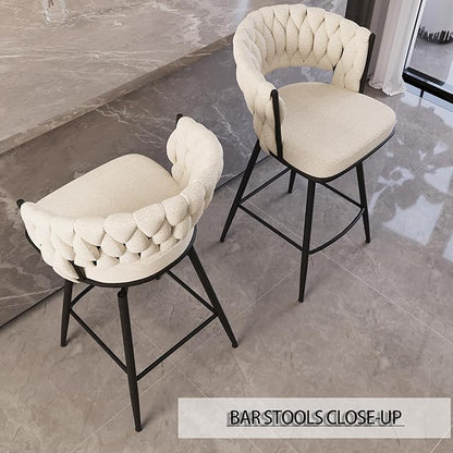 26" Bar Chair Linen Woven Bar Stool Set of 2,Black Legs Bar stools No Adjustable Kitchen Island Chairs,360 Swivel Bar Stools Upholstered Bar Chair Counter Stool Arm Chairs with Back Footrest (White)