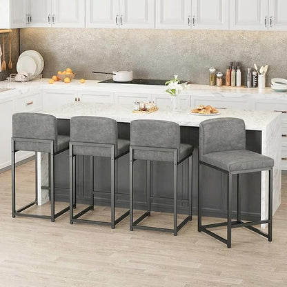GarveeHome Bar Stools Set of 6, Modern Counter Height Bar Stools with Back and Footrest, Faux Leather Upholstered Barstools Chairs for Kitchen Island Dining Room Bar, Grey
