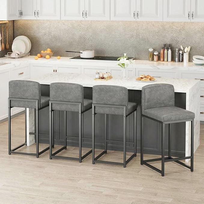 GarveeHome Bar Stools Set of 2, Modern Counter Height Bar Stools with Back and Footrest, Faux Leather Upholstered Barstools Chairs for Kitchen Island Dining Room Bar, Grey
