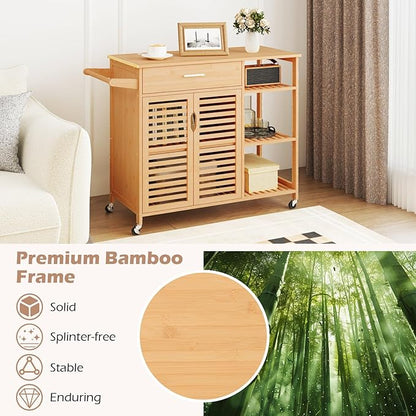 Giantex Bamboo Kitchen Island Cart, Mobile Serving Cart with Drawer, 2-Door Storage Cabinet, 3-Tier Shelves & Towel Rack, Rolling Utility Trolley for Dining Room (Natural)