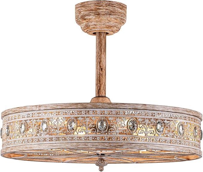 24 Inch Chandelier Ceiling Fan with Light,24" Rustic Farmhouse Caged Bladeless Fandelier,Enclosed Cottage Country Cabin Crystal Light Fixture,Hanging/Flush Mount for Bedroom,Dining Room,Living Room