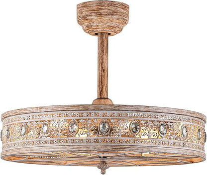 24 Inch Chandelier Ceiling Fan with Light,24" Rustic Farmhouse Caged Bladeless Fandelier,Enclosed Cottage Country Cabin Crystal Light Fixture,Hanging/Flush Mount for Bedroom,Dining Room,Living Room
