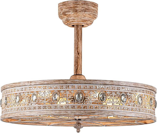 24 Inch Chandelier Ceiling Fan with Light,24" Rustic Farmhouse Caged Bladeless Fandelier,Enclosed Cottage Country Cabin Crystal Light Fixture,Hanging/Flush Mount for Bedroom,Dining Room,Living Room