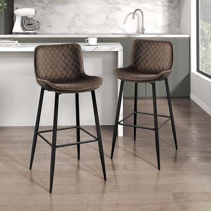 Lexicon Bar Stools Set of 2 - Bar Height Stools for Dining Room, Kitchen, Solid Padded Back, Tall, Black Metal Finish and Brown Velvet Cushion Seat, 29''SH