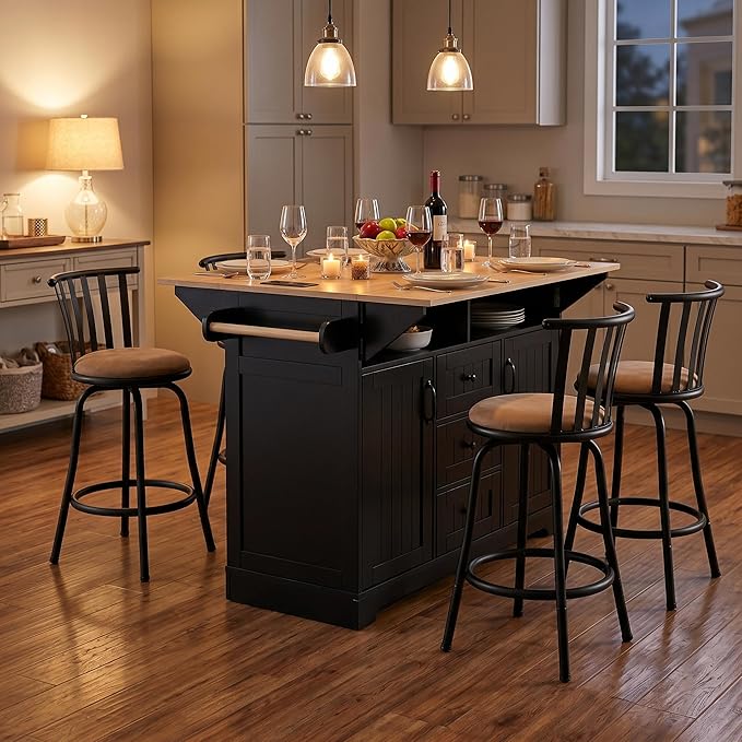 Homy Casa 5 Piece Kitchen Island Set with 4 Swivel Bar Stools, Rolling Kitchen Cart with Drop Leaf, Power Outlet, Drawers and Storage Cabinet, Breakfast Bar Table Set for Dining Room (Black)