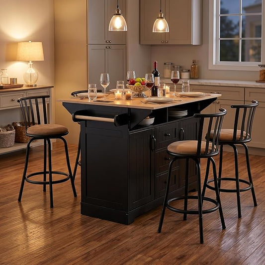 Homy Casa 5 Piece Kitchen Island Set with 4 Swivel Bar Stools, Rolling Kitchen Cart with Drop Leaf, Power Outlet, Drawers and Storage Cabinet, Breakfast Bar Table Set for Dining Room (Black)