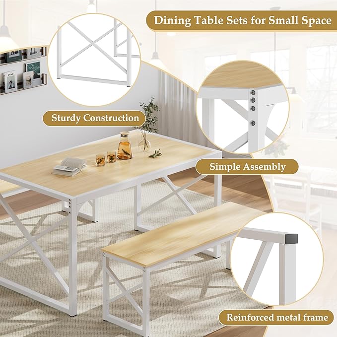 VECELO Kitchen Dining Table Benches Set for 4/6, 55" Wooden Dinette with 2 Benches, Large Embedded Desktop for Small Space, Breakfast Nook, Natural Oak