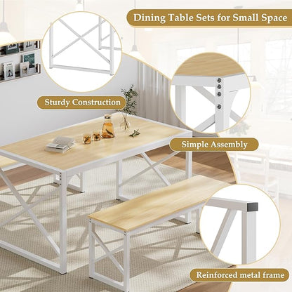 VECELO Kitchen Dining Table Benches Set for 4/6, 55" Wooden Dinette with 2 Benches, Large Embedded Desktop for Small Space, Breakfast Nook, Natural Oak