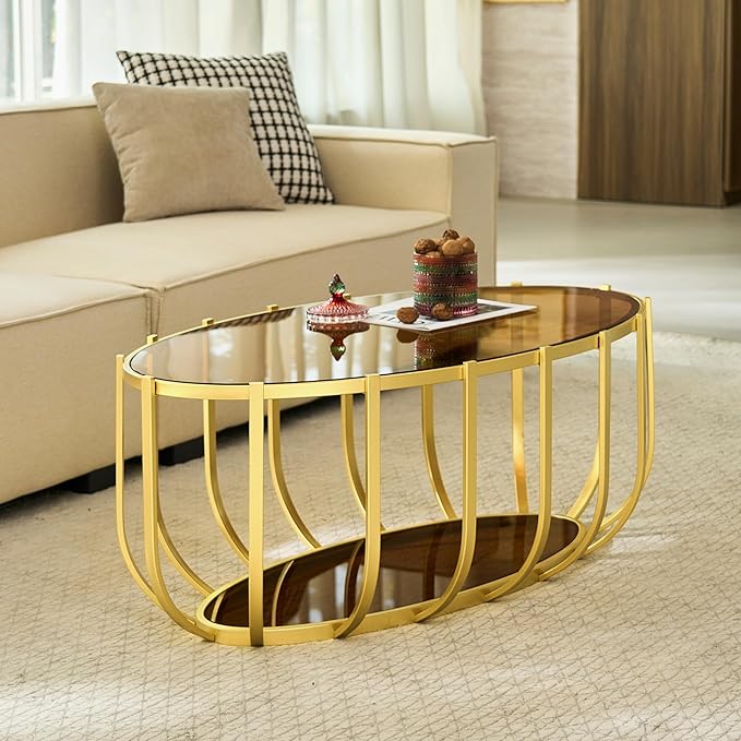 Saint Mossi Glass Oavl Coffee Table for Living Room, Mid Century Modern 2-Tier Glass Drum Center Table, Brown Glass Top with Gold Finish Legs & Frame, L42.5xW23xH16.5