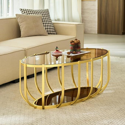 Saint Mossi Glass Oavl Coffee Table for Living Room, Mid Century Modern 2-Tier Glass Drum Center Table, Brown Glass Top with Gold Finish Legs & Frame, L42.5xW23xH16.5