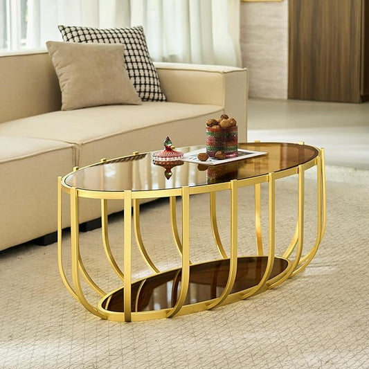 Saint Mossi Glass Oavl Coffee Table for Living Room, Mid Century Modern 2-Tier Glass Drum Center Table, Brown Glass Top with Gold Finish Legs & Frame, L42.5xW23xH16.5