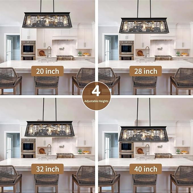Farmhouse Rustic Dining Room Light Fixture with Bear Design, Black Kitchen Island Lighting, Black Rectangle Chandeliers，Rustic Chandelier for Dining Room Kitchen Island (32-Inch 5-Light)