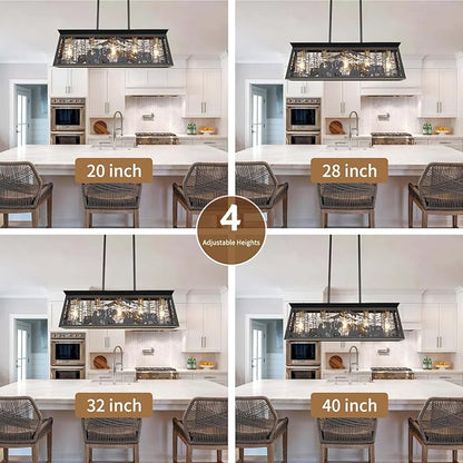 Farmhouse Rustic Dining Room Light Fixture with Bear Design, Black Kitchen Island Lighting, Black Rectangle Chandeliers，Rustic Chandelier for Dining Room Kitchen Island (32-Inch 5-Light)