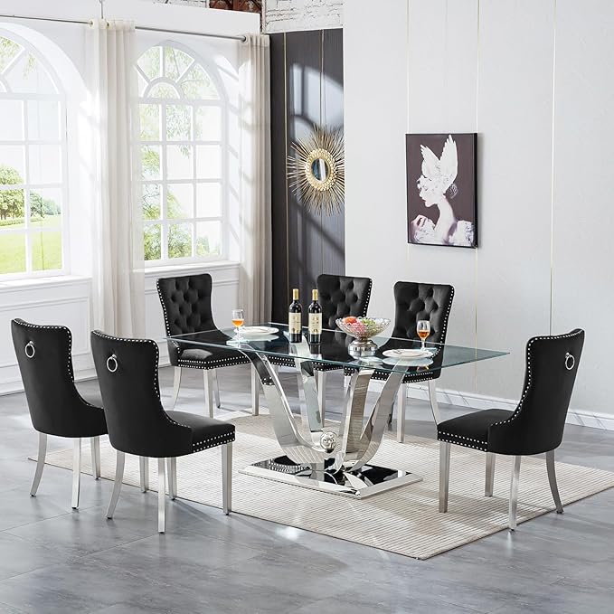 70" Glass Dining Table for 6-8, Modern Dining Room Table with 0.39" Tempered Glass Top and Dual U-Shaped Silver Stainless Steel Base, Rectangle Kitchen Dinner Table for Dining Room