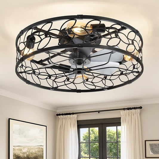 LEDIARY 23 Inch Caged Ceiling Fans with Lights, Black Flush Mount Ceiling Fan with Remote, Large Low Profile Bladeless Ceiling Fan Light Fixture for Bedroom, Kitchen, Dining Room