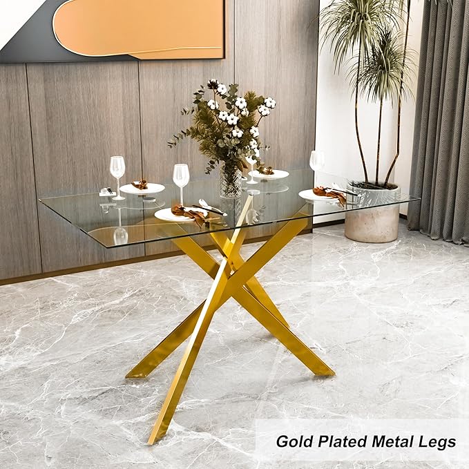 Dining Table with Tempered Glass Top, Modern Glass Dining Room Table Rectangle, Gold Geometric Metal Leg, Kitchen Table 51" L x 29.5" W x 30" H, Gold