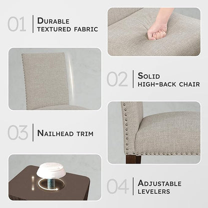 Lexicon Upholstered Dining Chairs Set of 2 - Soft Durable Fabric Armless High Back Kitchen Modern Dining Room Chairs for 2, Nailhead Trim Side, Brushed Brown Sturdy Wooden Frame, Easy Assembly, Taupe