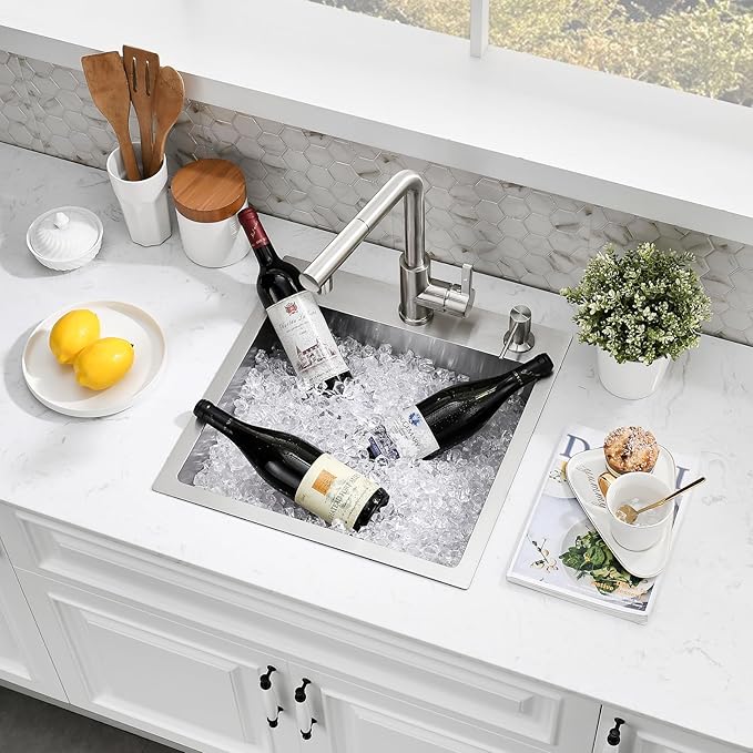 15×15 Inch Drop-In Stainless Steel Bar Sink with Faucet Combo - Top Mount Single Bowl, Small Kitchen Sink for Bar Prep, RV, and Compact Spaces