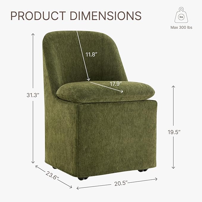 KISLOT Upholstered Dining Chairs Set of 1 with Casters, Modern Side Armless Deskchair with Washable Slipcover & Sturdy Metal Frame for Diningroom Bedroom Livingroom Reading Room, Green Fabric