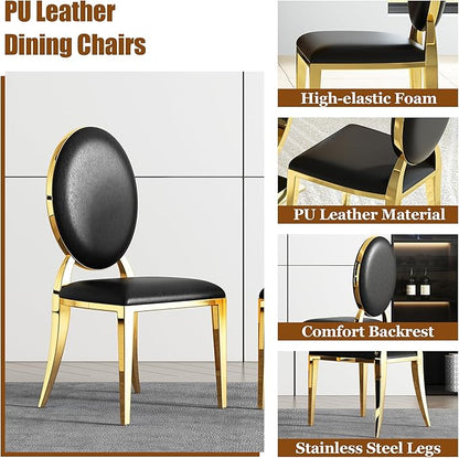 7-Piece Modern Luxury Dining Table Set, 70" Black Tempered Glass Kitchen Table with Gold Polished Stainless Steel U-Shaped Pedestal Base and 6 Black PU Leather Chairs, for Dining Room and Kitchen