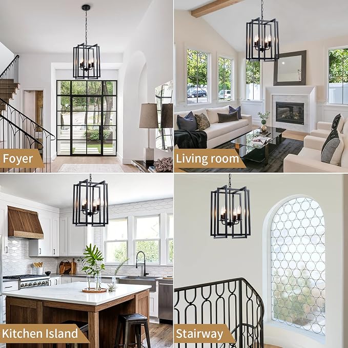 Farmhouse Lantern Chandelier Light Fixture Black, 4-Light Rustic Industrial Pendant Lighting, Adjustable Height Modern Square Cage Hanging Lights for Hallway Kitchen Island Living Room Bedroom