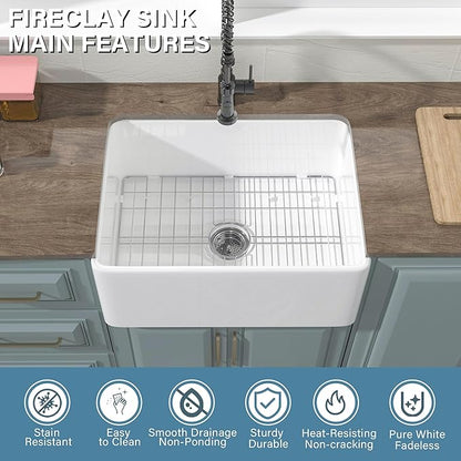 Small Farmhouse Sink 24 x 18 Inch, Firecaly Apron Front Farm Sink, Heavy Duty Single Bowl, with Accessories 2 Types, Undermount, Pure White, for Kitchen, Laundry, Small Space