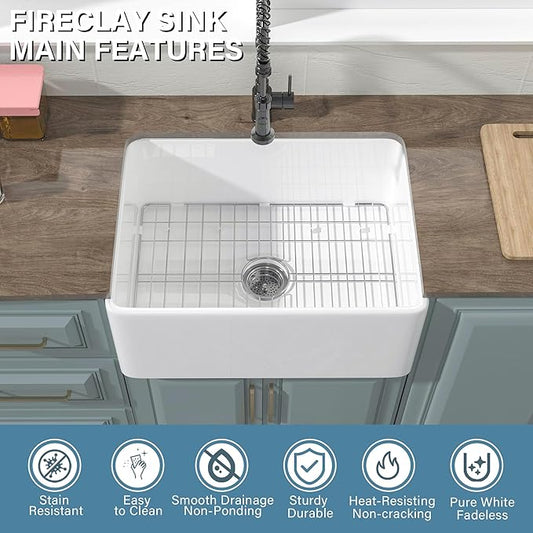 Small Farmhouse Sink 24 x 18 Inch, Firecaly Apron Front Farm Sink, Heavy Duty Single Bowl, with Accessories 2 Types, Undermount, Pure White, for Kitchen, Laundry, Small Space