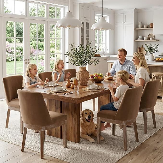 HNY Modern Dining Chairs Set of 4 with Comfortable Back Support, Farmhouse Soft Velvet Upholstered Kitchen Dining Room Chairs with Solid Wood Legs, Armless Accent Side Chairs for Living Room, Khaki